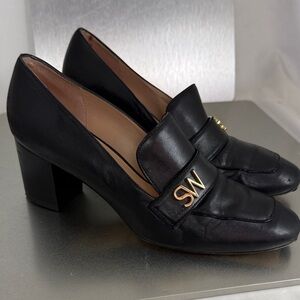 Stuart Weitzman Womens Frances Pump Loafer Size 8 Black Leather Monogram Heels